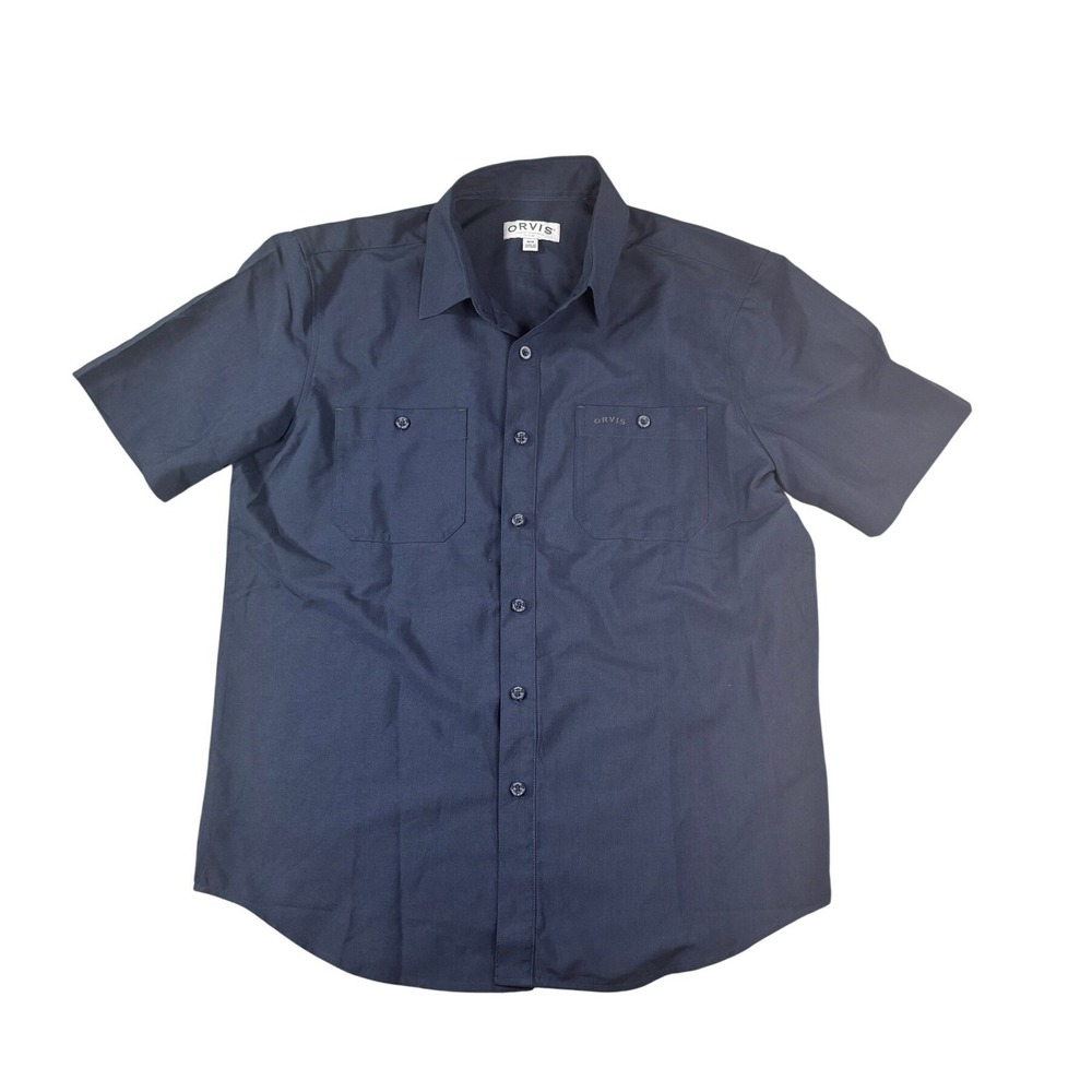 Orvis Mens Navy Blue Short Sleeve Button Down Shirt Medium Pockets Utility